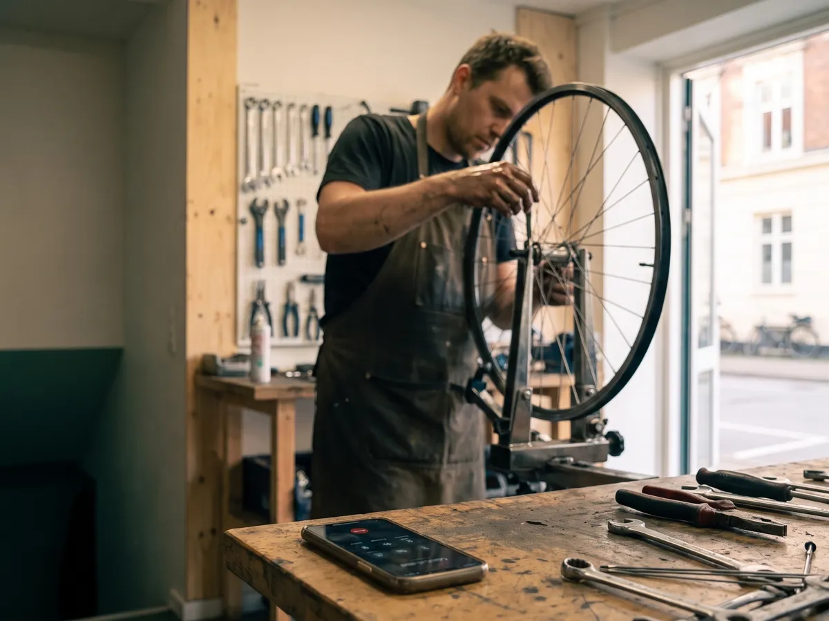 En cykelmekaniker retter et hjul. Telefonen ringer på arbejdsbænken.
